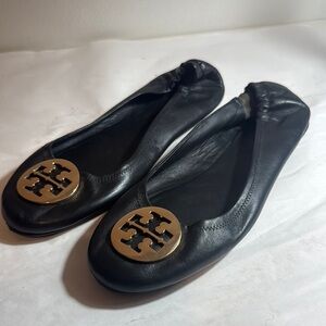 Used Tory Burch Black Leather REVA TRAVEL BALLET Flats size 13M